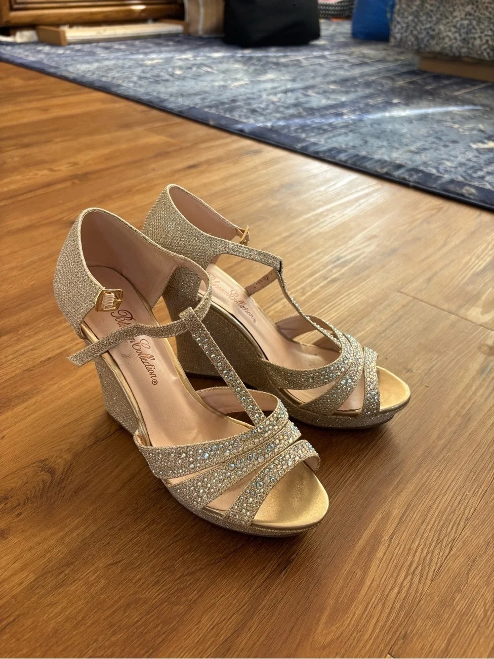 Sparkling Gold T-Strap Block Heel Sandals - Women